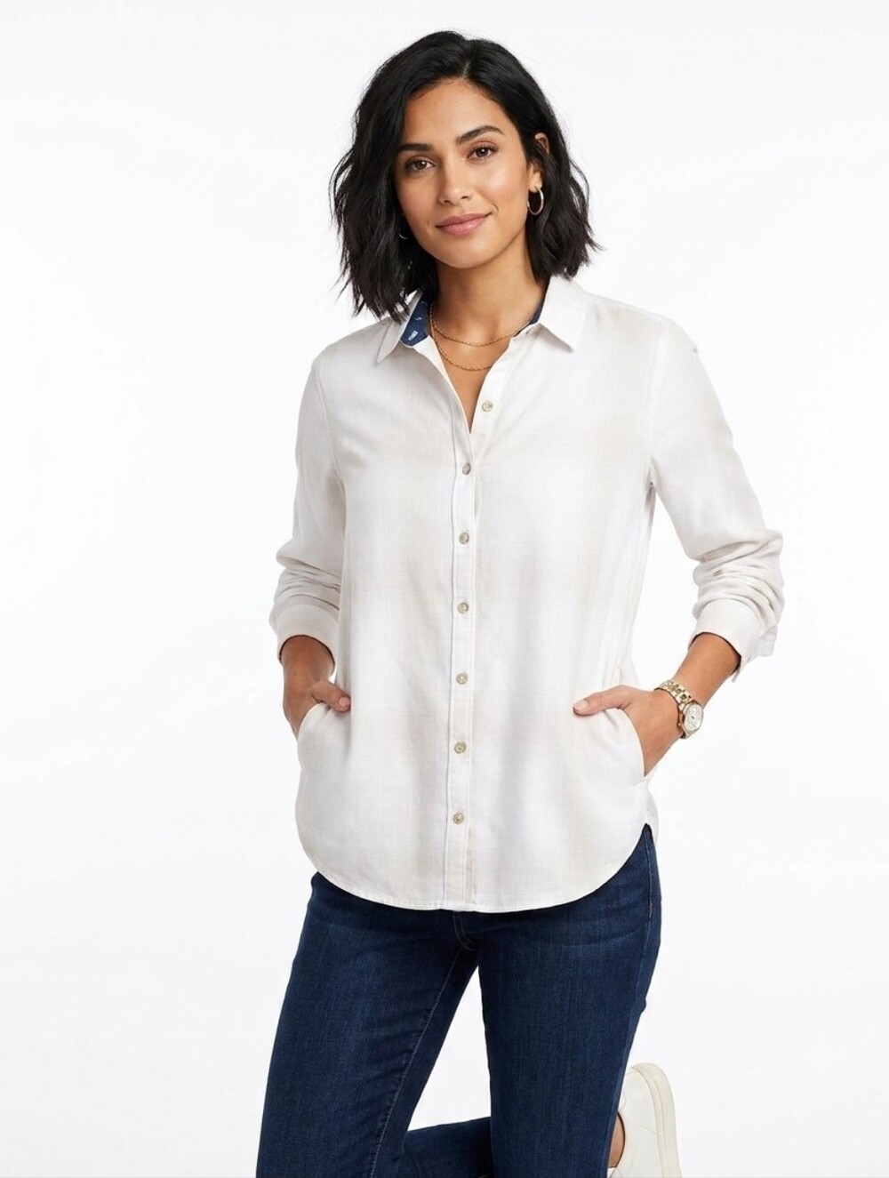 JACHS Girlfriend White On White Plaid Snap Button-Up Shirt Large